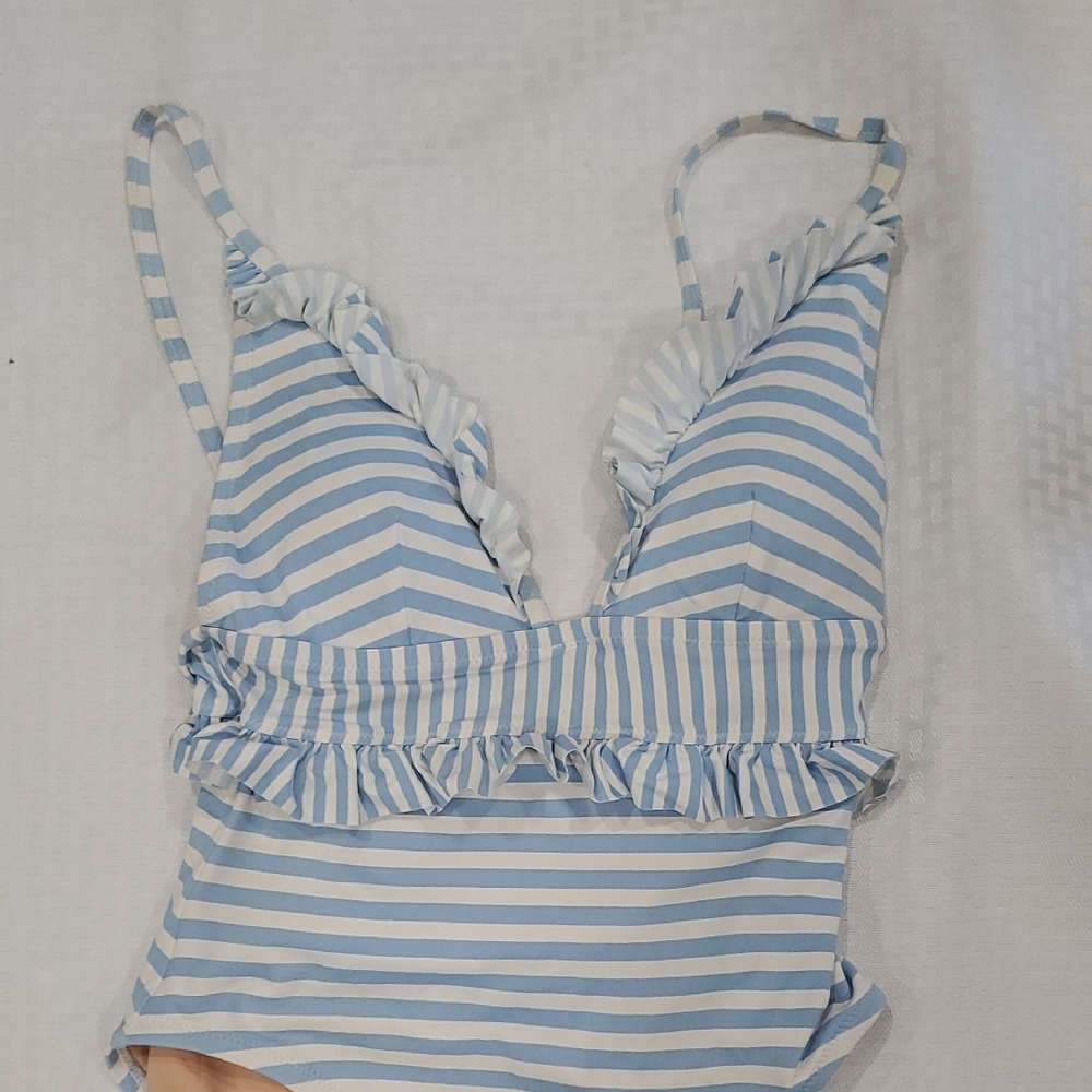 J. Crew Ruffle Plunging  Blue and White Striped Women's One Piece Swimsuit - Picture 8 of 12
